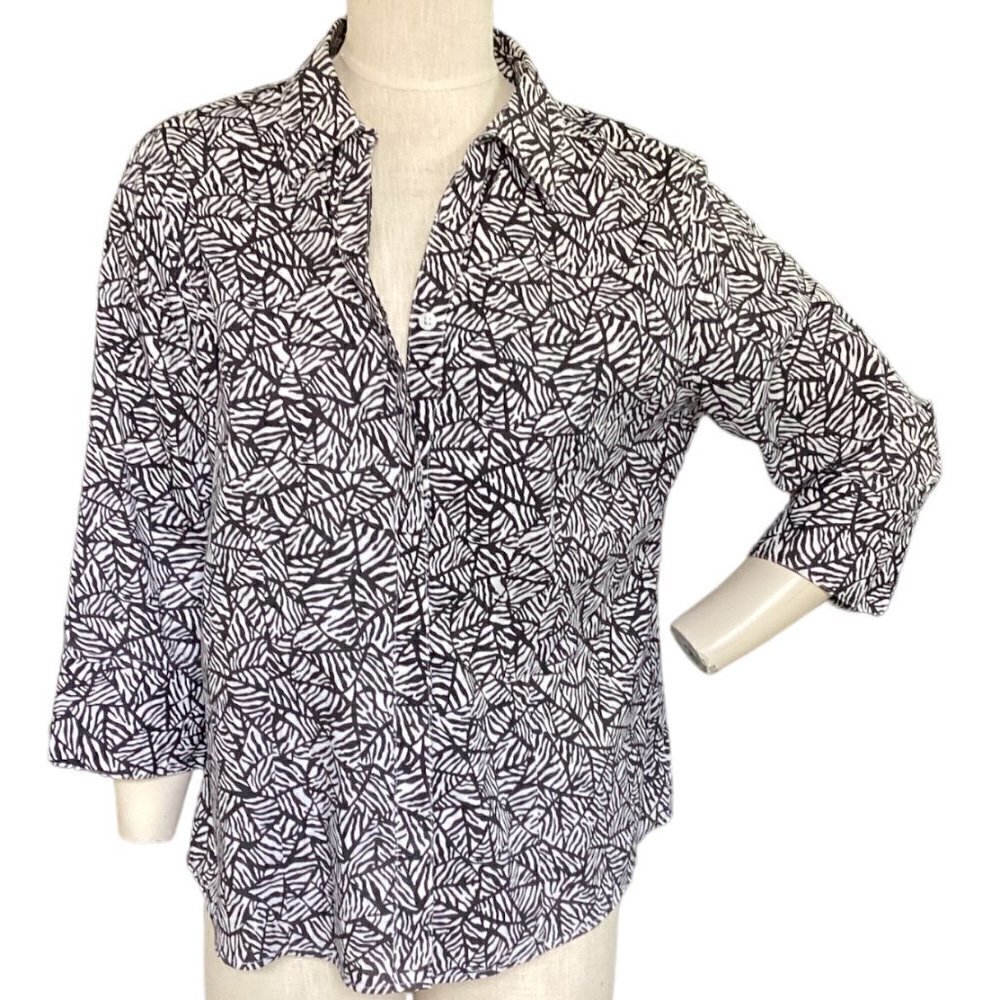 Chico's No Iron 100% Cotton Button-Up Top Sz 2 L/12 Black & White 142P